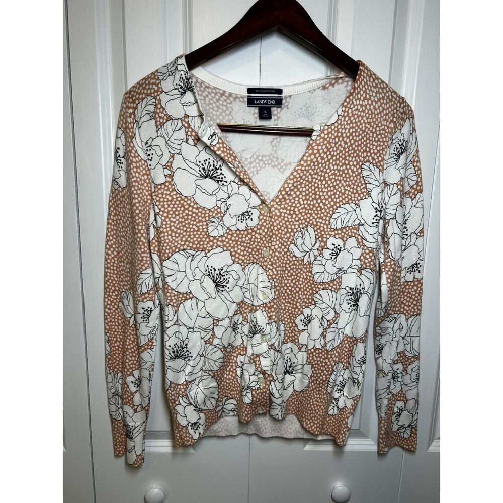 Lands’ End Orange Floral Polka Dot 100% Supima Cotton Cardigan Sweater Size S
